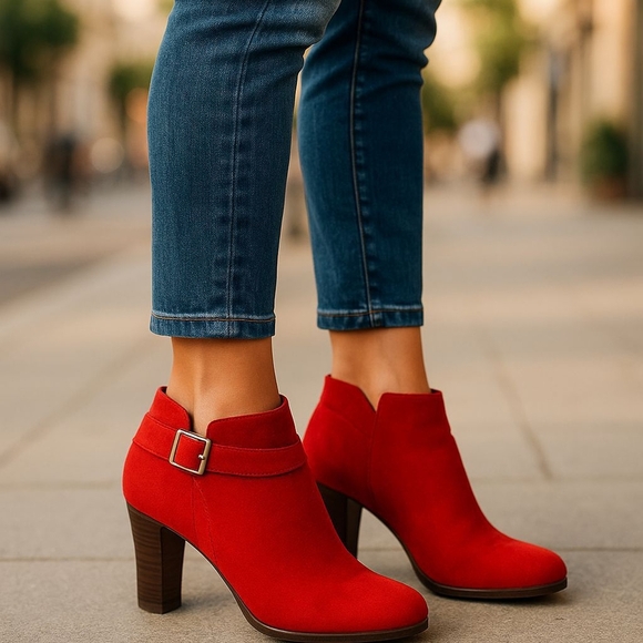 Aubrey Lynn Shoes - Aubrey Lynn Red Or Black Suede Booties, New In Box, 3" Block Heel, Zipper/Buckle